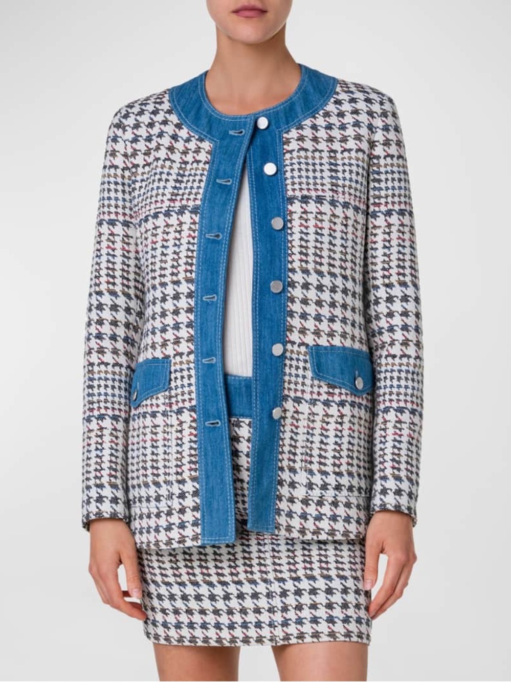ISO AKRIS PUNTO Denim Trim Houndstooth Jacquard Collarless Jacket